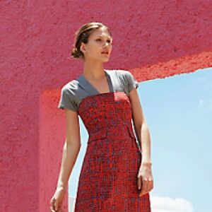 Tabitha strapless red orange blue crosshatch dress